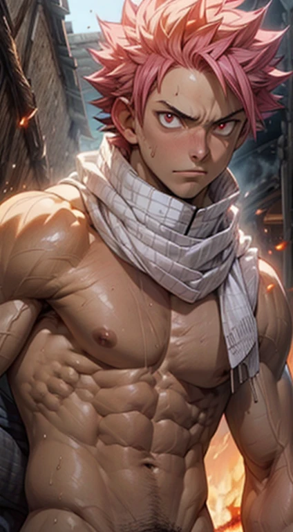 ((upper body)) masterpiece, best quality red eyes, game cg, 2boys adult men, (naked:1.2) rugged adult face, duo, male focus, looking at viewer, upper body, Natsu Dragneel natsu_dragneel, pink hair, red eyes, (shirtless naked), toned muscle, pectorals, 8 abs, toned legs, naked, slightly bulged, (large fire:1.5) and ember (particle effects:1.2), detailed, dynamic lighting, well lit, (fire on skin:1.2), (skin burning:1.2), (eyes on fire:1.2), (penis and scrotum), ((view from far distance)) ((((white ))scarf))