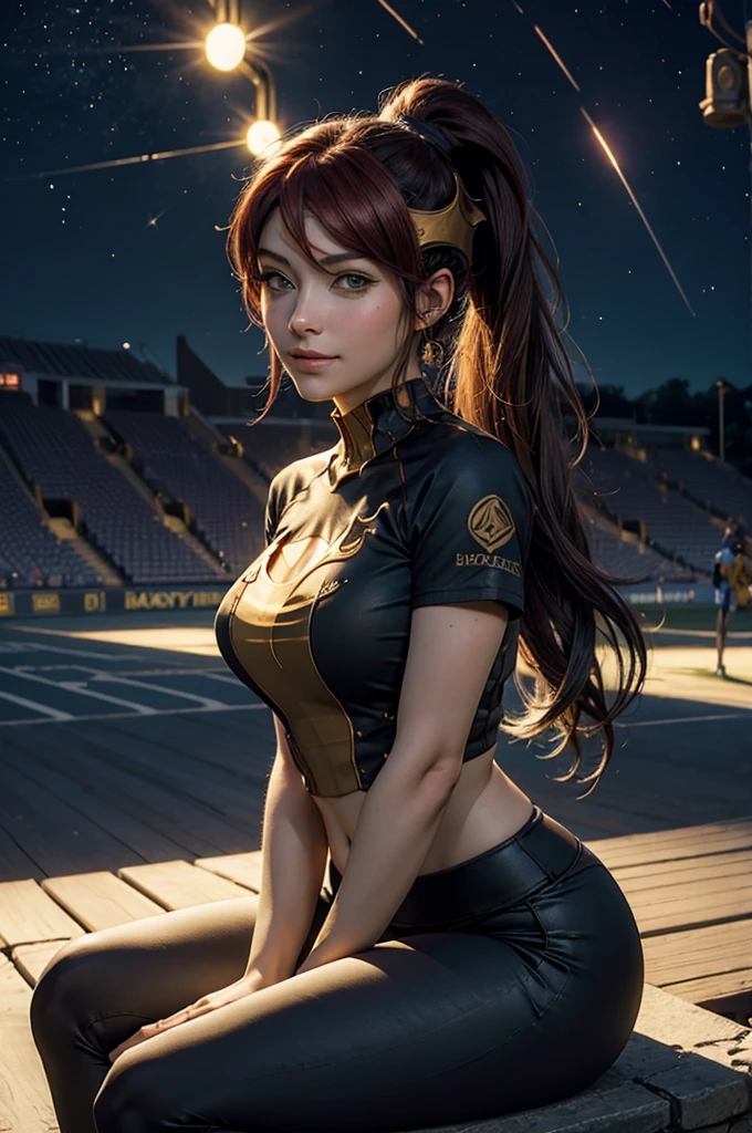 masterpiece, best quality, pyrrha nikos, ponytail, circlet, T-shirt, large breasts, yoga_pants, looking at viewer, furrowed brow, smile, night, night sky, stars, sitting in stadium, crowd