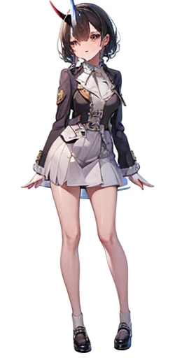 (((Best Quality))) , ((full body)), reference sheet, solo, (white background), horn, succubus, mini skirt, violet outfit, blazer,