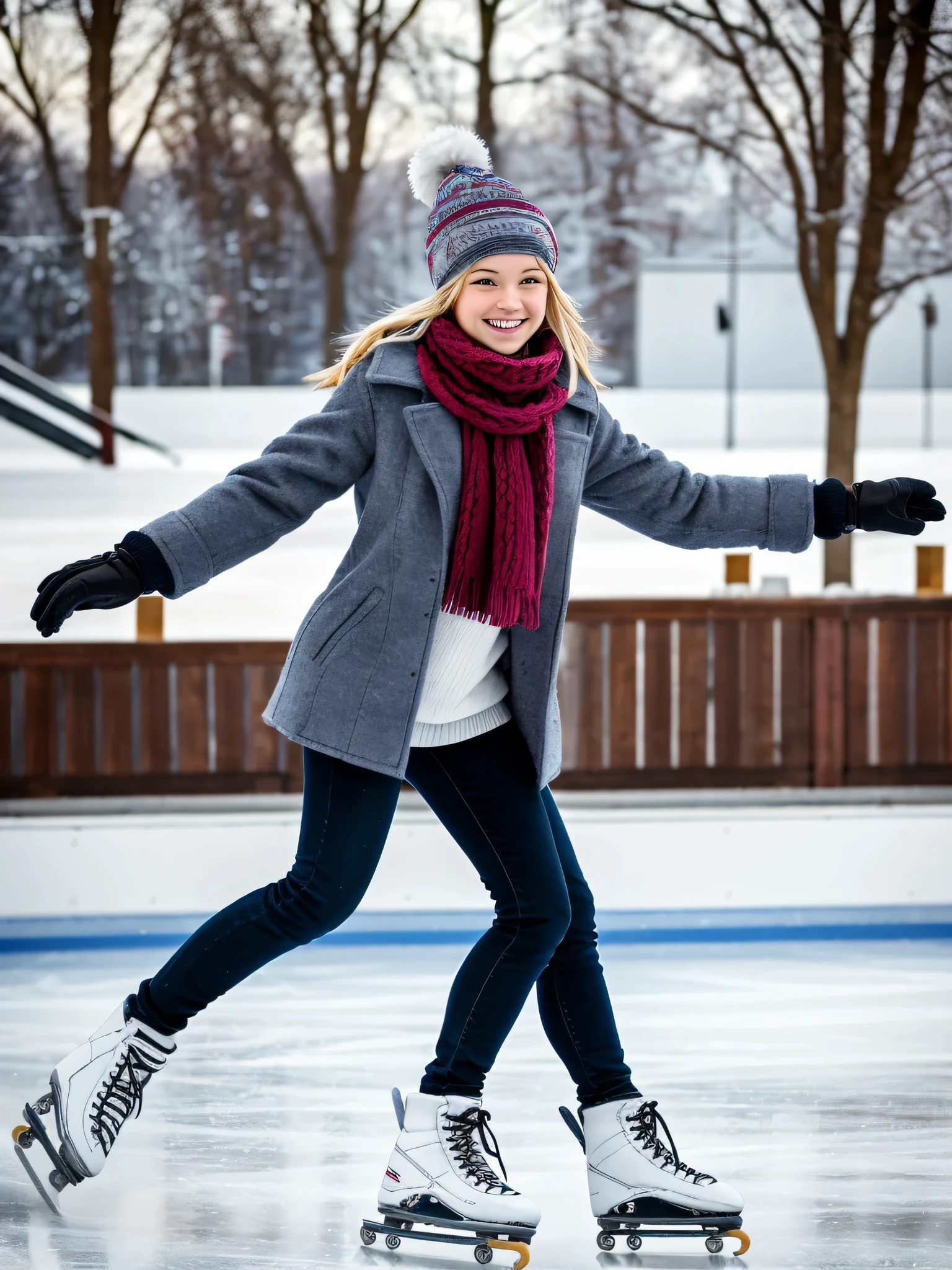 three legged girl, , cute, blonde, wearing winter clothes, beanie, gloves, scarf, skating, on outdoor rink, winter weather, happy, having fun, realistic, full body shot, three legs, extra leg,
