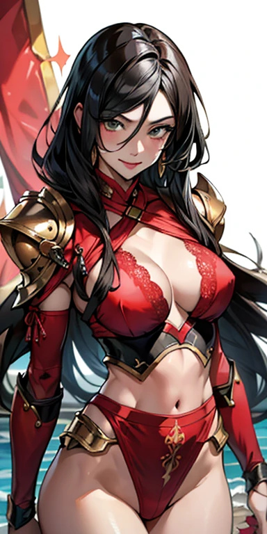 (masterpiece), best quality, expressive eyes, perfect face, gold and crimson armor, closed smile, athletic body, lace microkini, exposed midriff, cleavage, fishnets, watercolor, fire background, tattoo