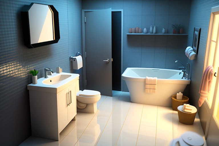 Three-dimensional style, 120 degree accuracy, poly art, stylized 3d rendering, small bathroom, 3 d stylize scene,