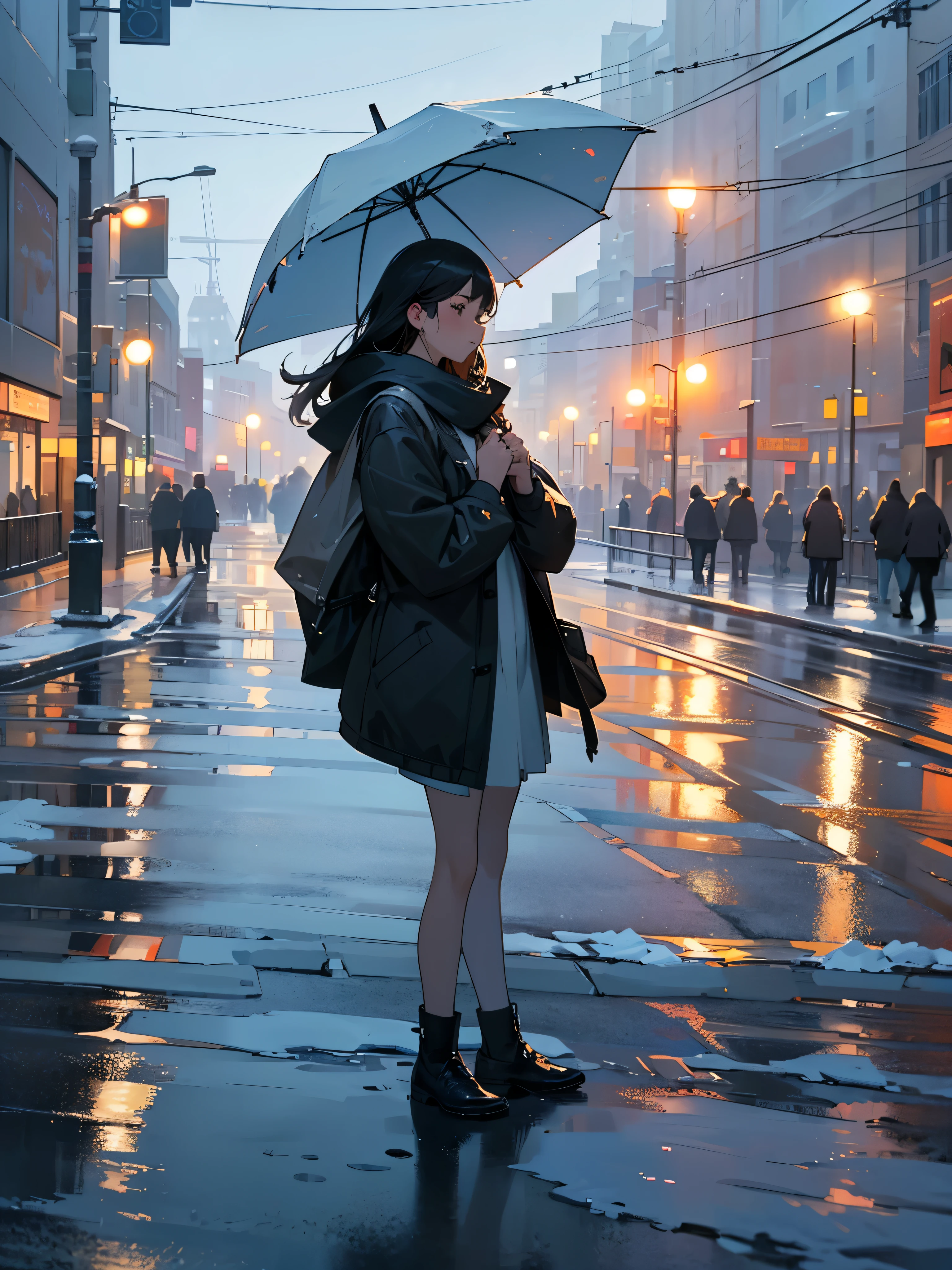 (best quality,4k,8k,highres,masterpiece:1.2),ultra-detailed,(realistic,photorealistic,photo-realistic:1.37),beautiful crosswalk and snowy street,(winter:1.1),(beautiful:1.1),(calming:1.1),night time,softly lit crosswalk,lush winter trees towering on both sides,enchanting snowflakes gently falling from the sky,distinctive footprints on the snowy sidewalk,illuminated street lamps casting a warm glow,shimmering reflections of the crosswalk on the wet pavement,tranquil atmosphere,hushed silence and crisp air,inviting pedestrians to cross the street safely