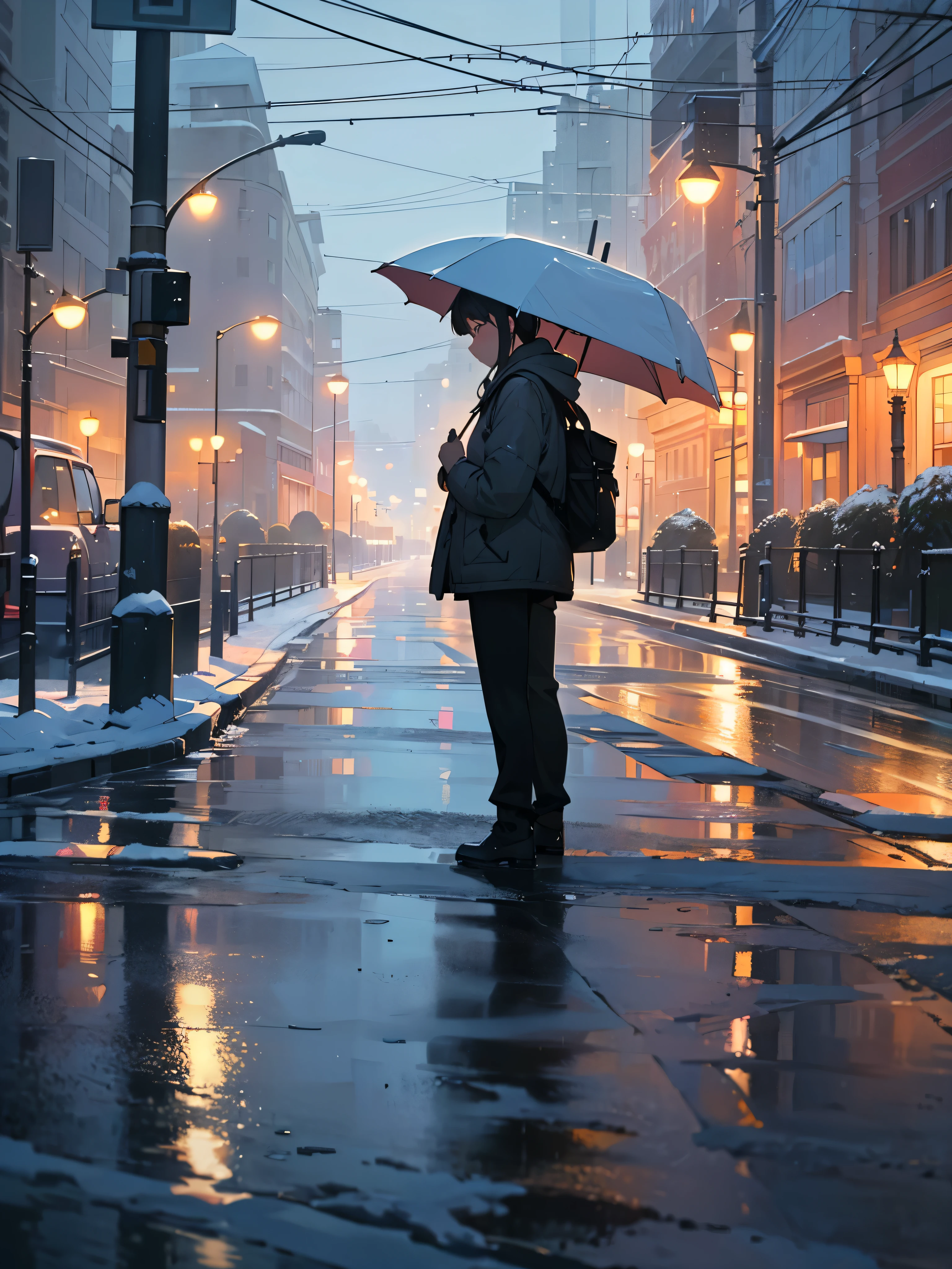 (best quality,4k,8k,highres,masterpiece:1.2),ultra-detailed,(realistic,photorealistic,photo-realistic:1.37),beautiful crosswalk and snowy street,(winter:1.1),(beautiful:1.1),(calming:1.1),night time,softly lit crosswalk,lush winter trees towering on both sides,enchanting snowflakes gently falling from the sky,distinctive footprints on the snowy sidewalk,illuminated street lamps casting a warm glow,shimmering reflections of the crosswalk on the wet pavement,tranquil atmosphere,hushed silence and crisp air,inviting pedestrians to cross the street safely