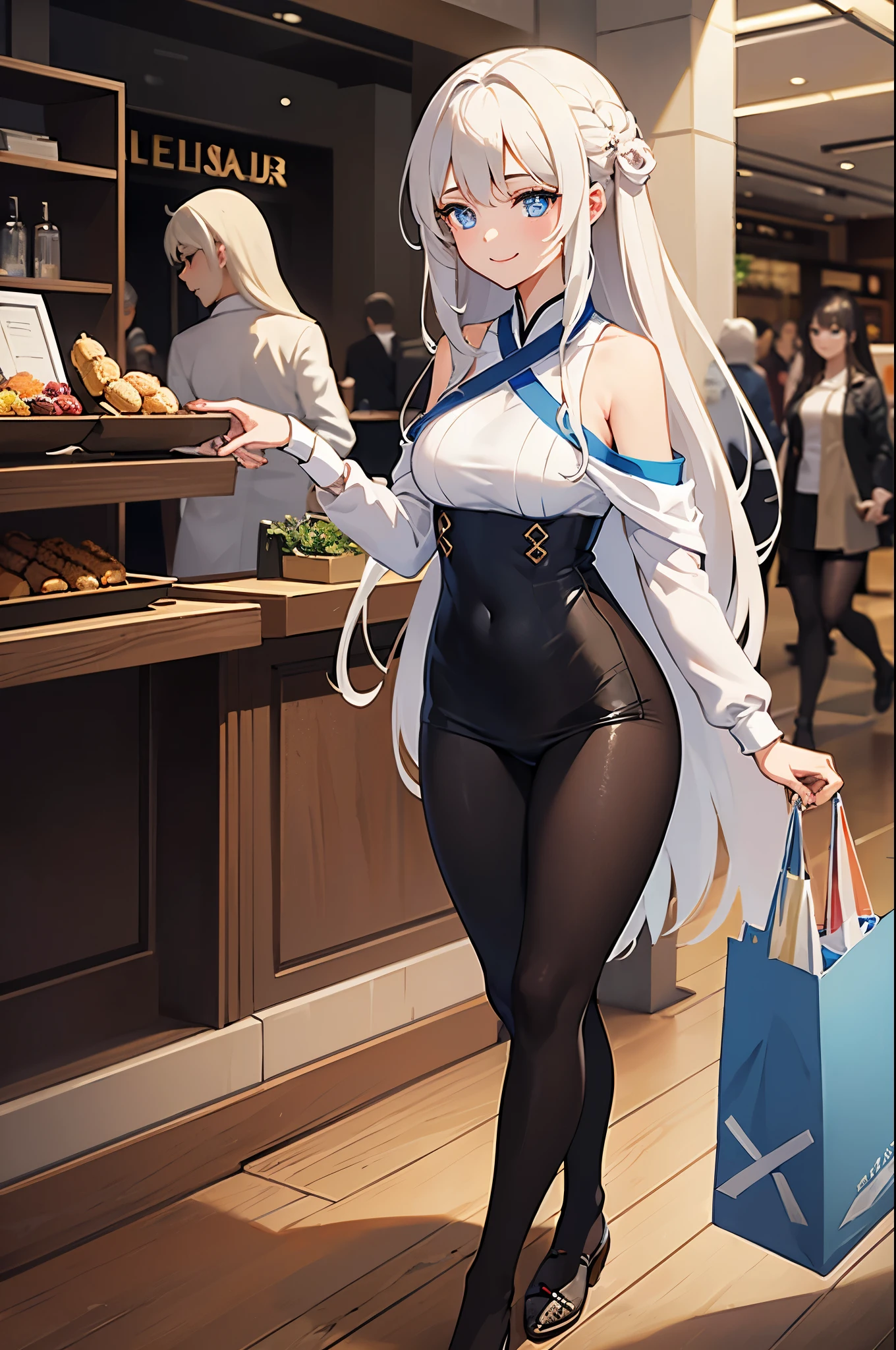 masterpiece, best quality, super detail, silver hair, embarrassing, (embarrassed smile), blush, collar, (at the show), (in front of azur lane girls crowd), bokeh, looking at viewer, full body, standing, silver hair, argus\(azur lane\), silver_hair, medium breasts, gray_eyes, hair_clip, argusorigin, black stockings, camel toe, crown on head, black lace pants, bra, licking ice cream, enjoying, black transparent dress,