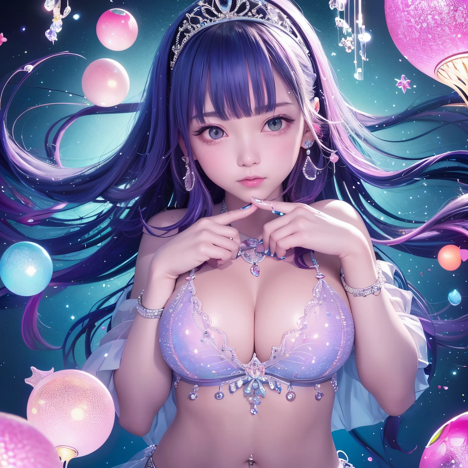 The upper part of the body、one girls、I have dark blue hair color、Two-tone、(Pink Highlight Hair、curlyhair、jewel design tiara、very Bigger breasts、Lace Bikini(sparkling jewel design)Glittering jewel lace ornaments on the body、Countless glowing spheres float、Glowing soap bubbles、shining chandelier、underwater where fish swim、Glowing jellyfish、Looking at the camera、Looking down、In the sea where fish are swimming