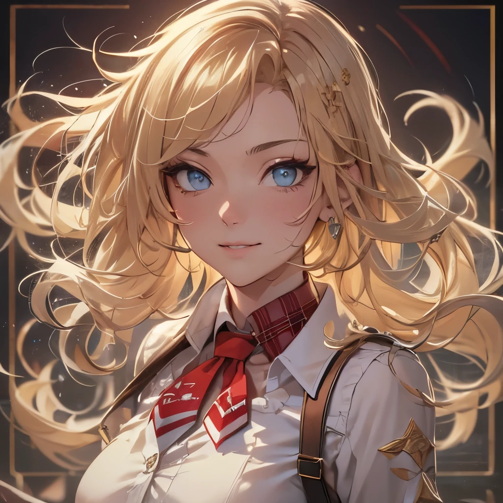 (masterpiece), 8k cg, stunningly beautiful girl, intricate details, chromatic aberration, ((bust shot)), ((looking at viewer)), 1girl, (amelia_detective, golden blonde hair, collared shirt, red necktie, plaid skirt, thighhighs), extremely beautiful and delicate portrait, smile, blush, makeup, absurdres, cinematic lighting, dynamic lighting, fantasy, ((dark background, fog))