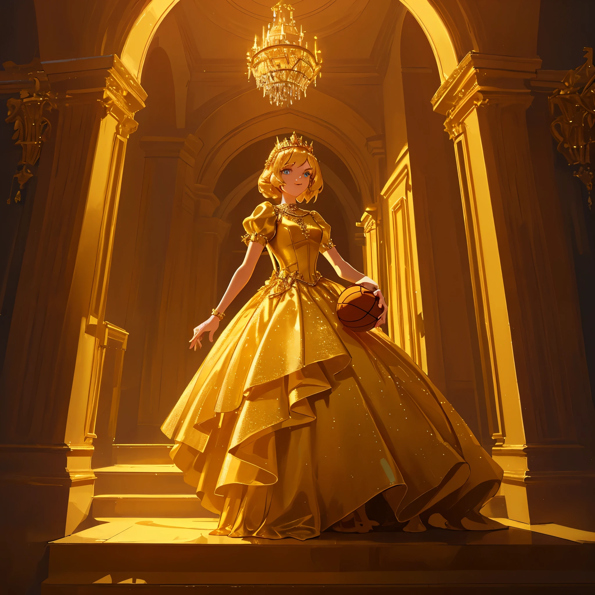 A princess is wearing a golden dress, holding a basketball in her hand, with castles and palaces behind her, and gold is everywhere