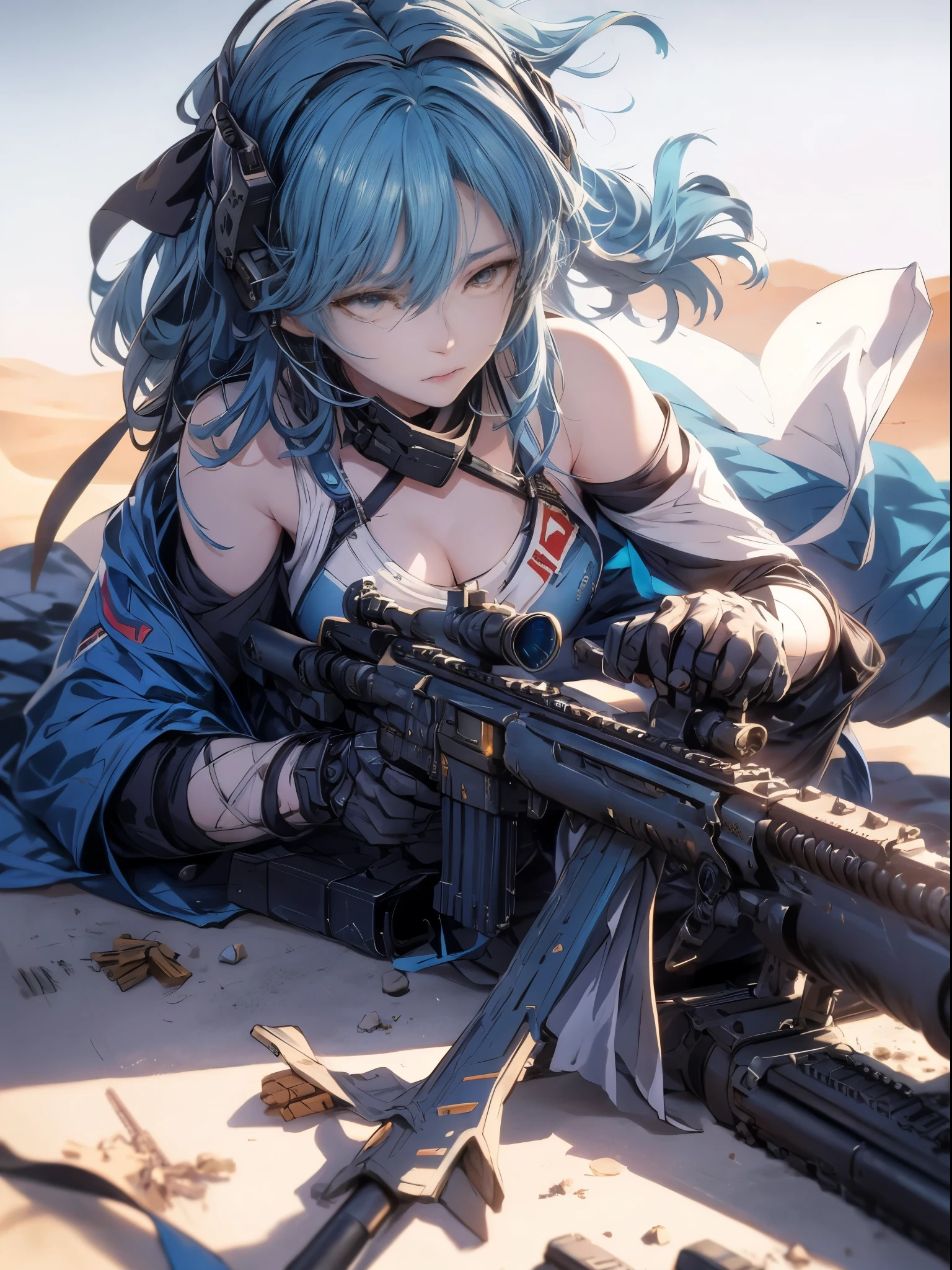 Anime girl with gun laying on the ground in desert background, of a sniper girl in war, (blue hairs、Medium hair:1.2)m4 sopmod ii girls' frontline, girls' frontline style, anime machine gun fire, from girls' frontline, with rifle, infantry girl, artwork in the style of guweiz, soldier girl, 4k anime wallpaper, Fine details. girls' frontline, mechanized soldier girl