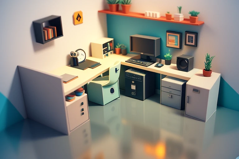 Isometric style, accurate 120 degrees, poly art, stylized 3D rendering, small room, 3D stylized scene,