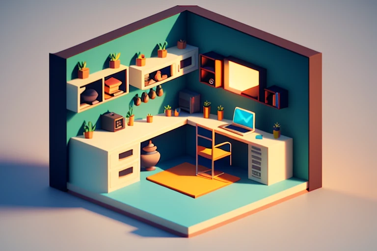 Isometric style, accurate 120 degrees, poly art, stylized 3D rendering, small room, 3D stylized scene,