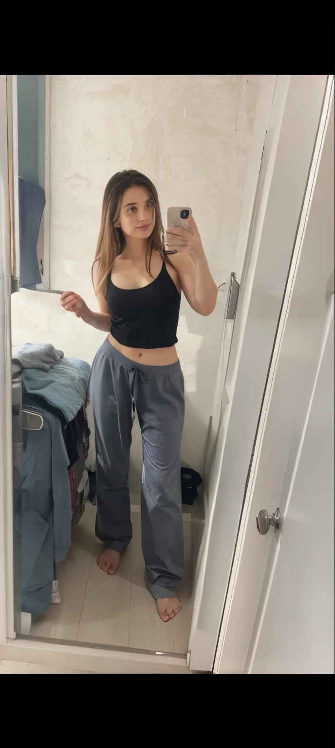 Skinny  in yoga pants with thigh gap, standing facing the camera, skinny legs, visible cameltoe, sexy