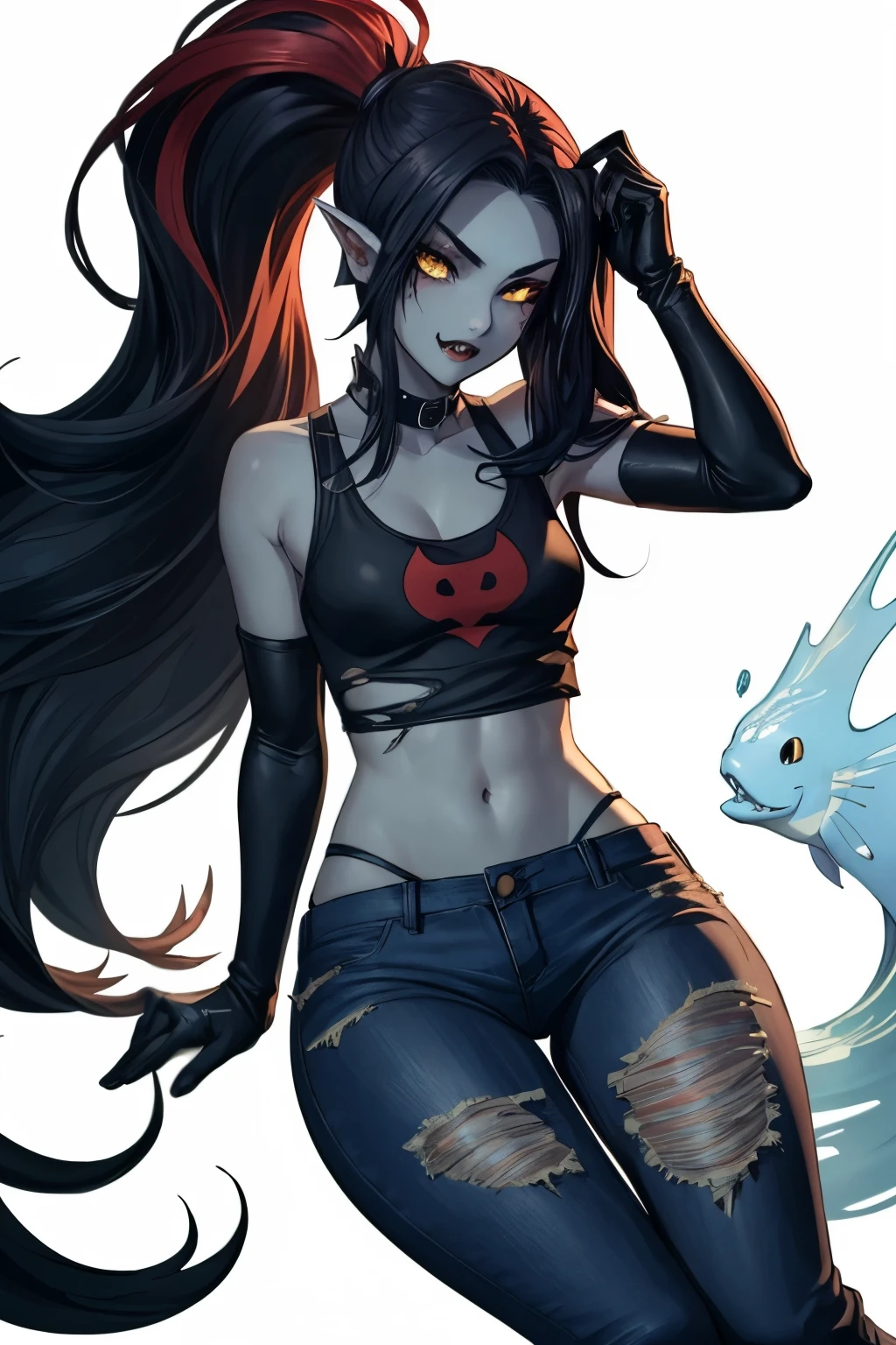 Create a realistic and detailed full-length portrait of Lyne, a captivating character blending the essence of Marceline from Adventure Time and Undyne from Undertale, she has (pale blue-gray skin:1.1), shimmering blue fish scales on her arms and shoulders, Long dark crimson hair in a spiky ponytail with choppy bangs framing her face, Sharp yellow eyes with red pupils, small fins on the sides of her head and sharp fangs hinting at vampiric traits, Lean athletic figure for an intimidating yet graceful presence, Dark-gray ripped tank top, intricate amphibian scale leather armor, Black ripped jeans with torn knees, dark red boots, black finger-less gloves for a punk-inspired touch, Dark makeup around her eyes and subtle vampire bite marks on her neck, powerful punk vampire fish warrior, cool and fierce, masterpiece, high quality, 4K, undyne, undyne the undying, MarcelineWaifu