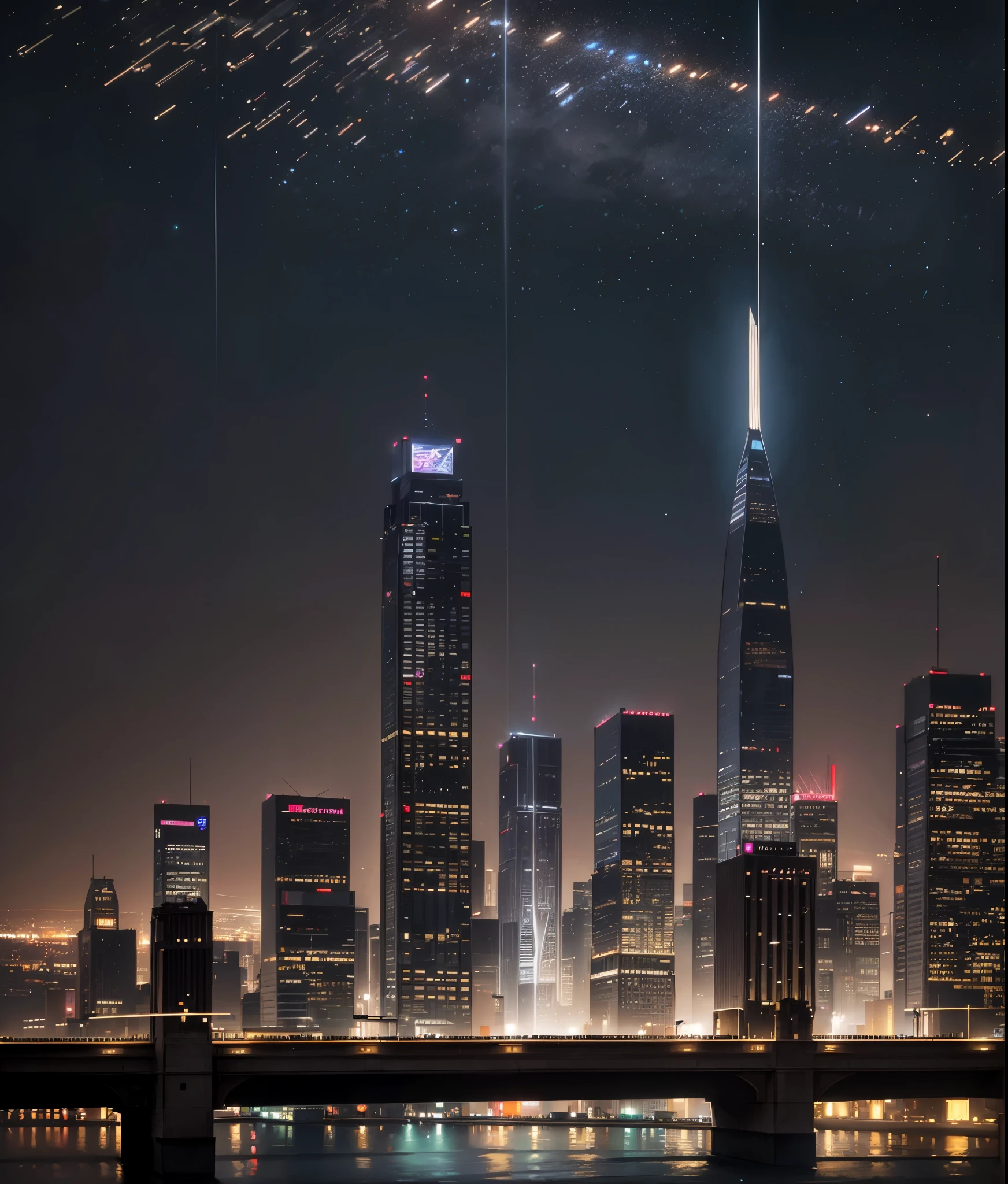 (best quality,4k,8k,highres,masterpiece:1.2),ultra-detailed,(realistic,photorealistic,photo-realistic:1.37),cityscape,night view,lively atmosphere,glittering skyscrapers,bustling streets,neon lights,reflection on wet pavement,shining stars,city lights,car headlights,silhouettes of people walking,moonlit sky,softly fading sunset,striking contrast between light and dark,hustle and bustle,urban energy,tall buildings reaching for the sky,steely grey tones,glowing street lamps,traffic streaming,romantic ambiance,serene river,water reflections,impressive architecture,modern metropolis,iconic landmarks,hidden alleys,mysterious shadows,blurred motion trails,illuminated billboards,cosmopolitan feel,energetic vibes.
