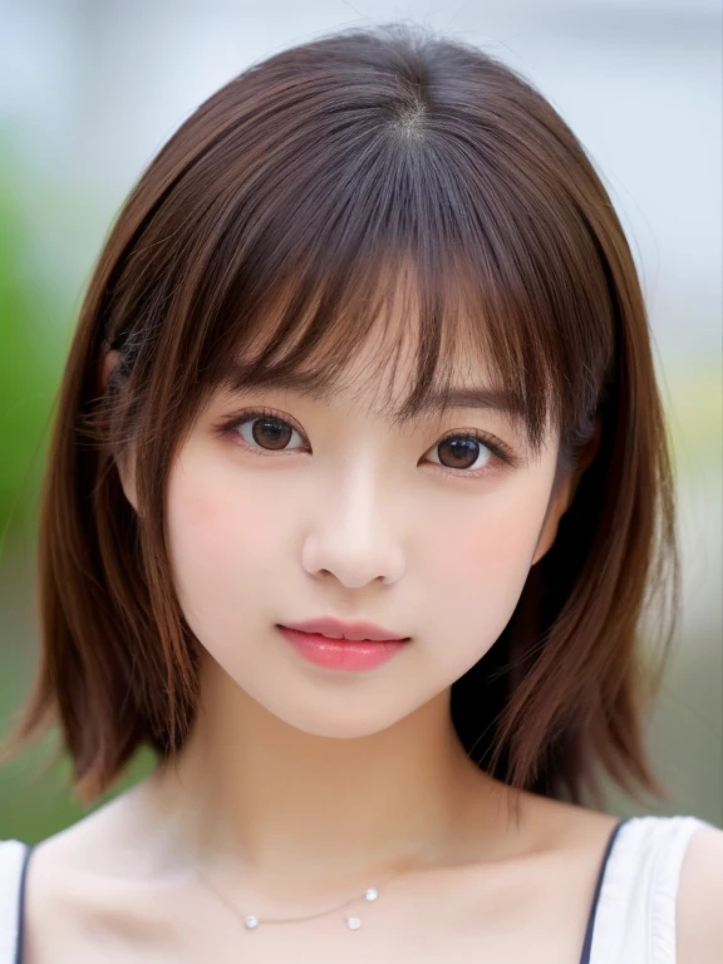 ((cute little日本の女の子、Beautiful japanese girl、1 girl in、19、Highly detailed facial and skin texture、refinement、hyperdetailed face、ultradetailed eyes、blusher、blush、teak、teakを塗ったピンクの頬、close-up of woman、bustup、frontage、cute little、smooth white skin、Transparent skin texture、))、(dark brown hair、bangss)、Looking at the camera、Beautiful Women in Perfect Style:1.4、Japanese Models、Young gravure idols、若いcute littleグラビアアイドル、Realistic Young Gravure Idol、refinementされたグラビアアイドル、((top-quality、in 8K、masterpiece:1.3))、(4K、Raw photography、top-quality)、(reallistic、フォトreallistic:1.37)、Place a person on the other side of the screen、natural soft light、poneyTail、upper body and head、refinement、