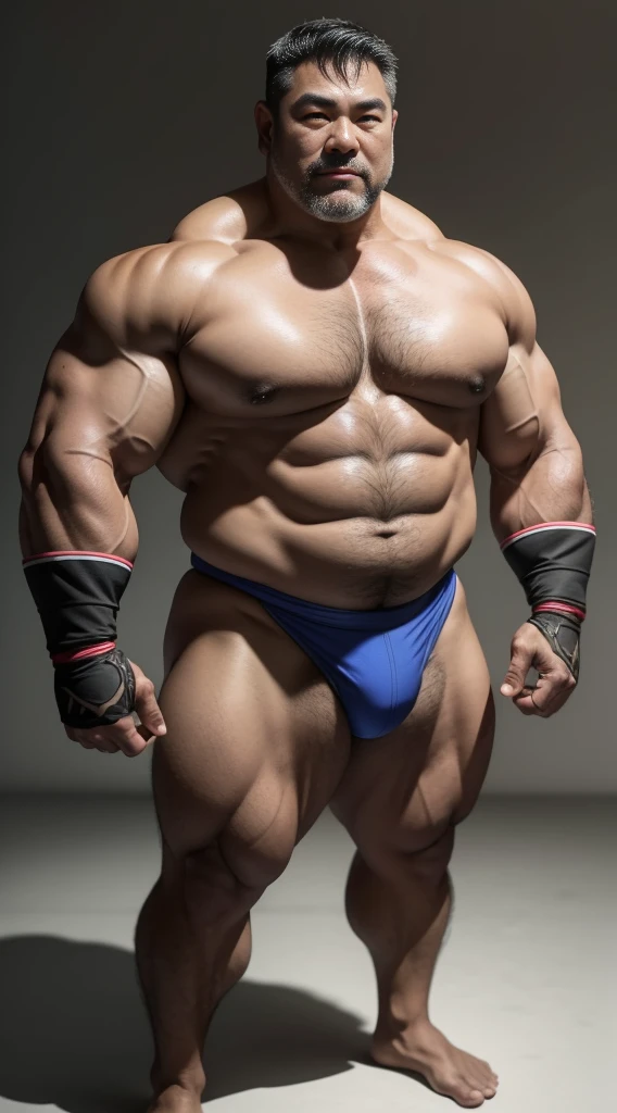 Middle age，the only person，male people，Muscle wrestler，Muscular，Stout wrestler，Asian people，Uncles，60岁的Middle age，Short hair details，Short hair details细节，Wrestling Bootle Mannequin，Panorama characters，WWE ring，WWE American professional wrestling，spotlight lights，cellshading，imagining，briefly，age 55,Middle age，tattoo fingerless gloves，Wheat-colored skin，oilly skin，Dark skin，Show off your chest muscles，Sumo wrestler，body builder，Wide sideburns，Pronounced abs，ssmile，White hair，（Full body like：3），Hands are very thin，solid color backdrop，with a pure white background