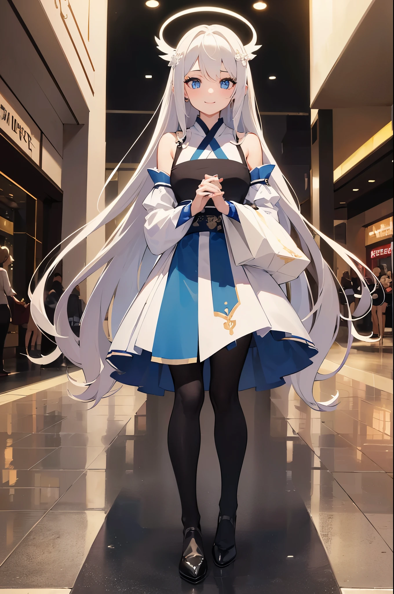 (Masterpiece), (Best Quality), (Super Detailed), (Dirty Hair), (Illustration), (1 Girl) (Long white Hair 1.5) (Blue Eyes), ((((No Shoulders))),Hanfu, (Looking at the Audience, (Interview), ( Background), Beautiful and Delicate Eyes, Delicate Beautiful Face, Soaring (High Saturation), Accent on Face, PerfectNwsjMajic, Shoulderless, fall clothes, facing the masses, perfect figure, happy, warm smile, full body, tights, shopping, mall, date