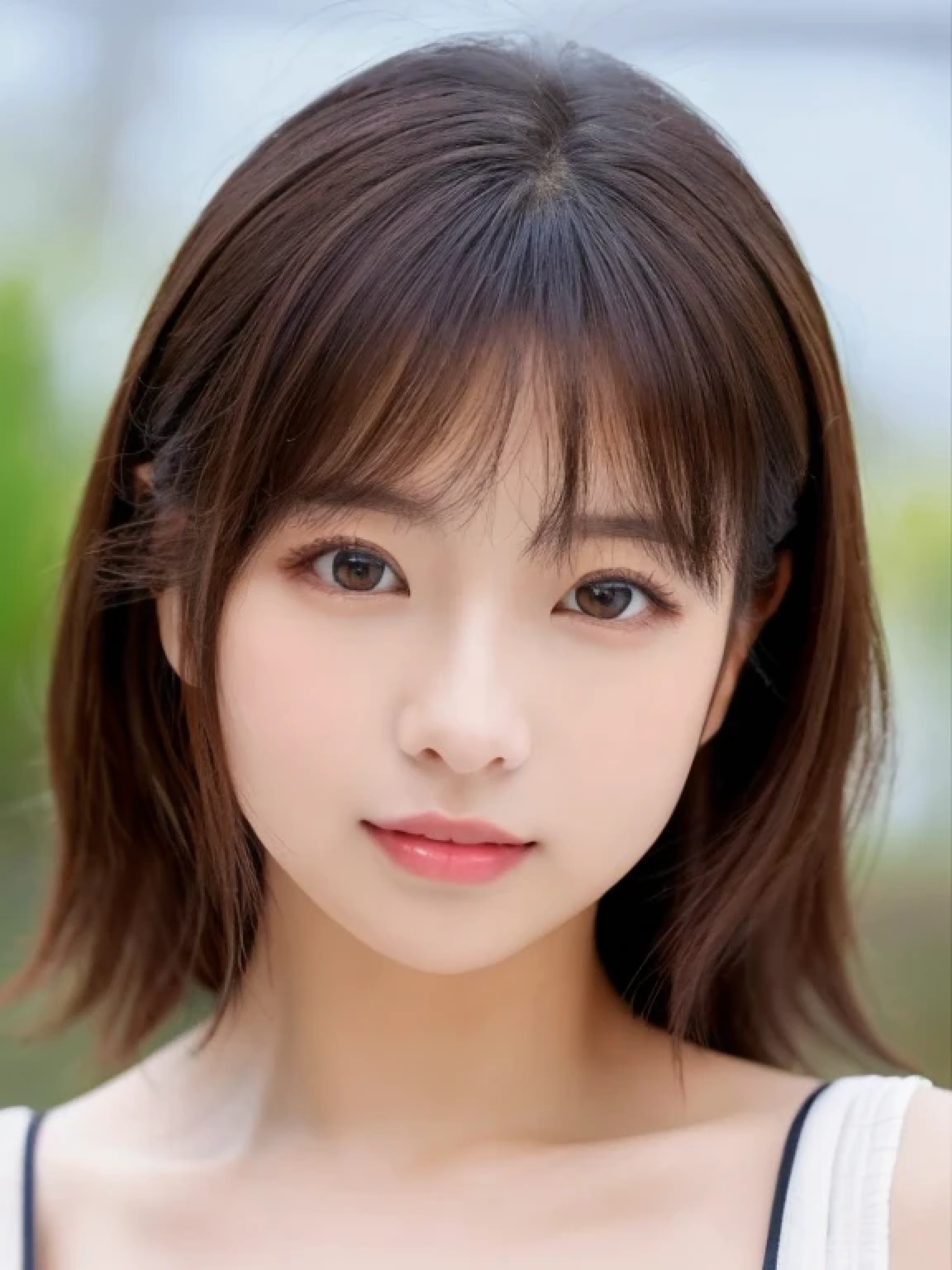 ((cute little日本の女の子、Beautiful japanese girl、1 girl in、age19、Highly detailed facial and skin texture、refinement、hyperdetailed face、ultradetailed eyes、blusher、blush、teak、teakを塗ったピンクの頬、close-up of woman、bustup、frontage、cute little、smooth white skin、Transparent skin texture、))、(dark brown hair、bangss)、Looking at the camera、Beautiful Women in Perfect Style:1.4、Japanese Models、Young gravure idols、若いcute littleグラビアアイドル、Realistic Young Gravure Idol、refinementされたグラビアアイドル、((top-quality、in 8K、masterpiece:1.3))、(4K、Raw photography、top-quality)、(reallistic、フォトreallistic:1.37)、Place a person on the other side of the screen、natural soft light、poneyTail、upper body and head、refinement、