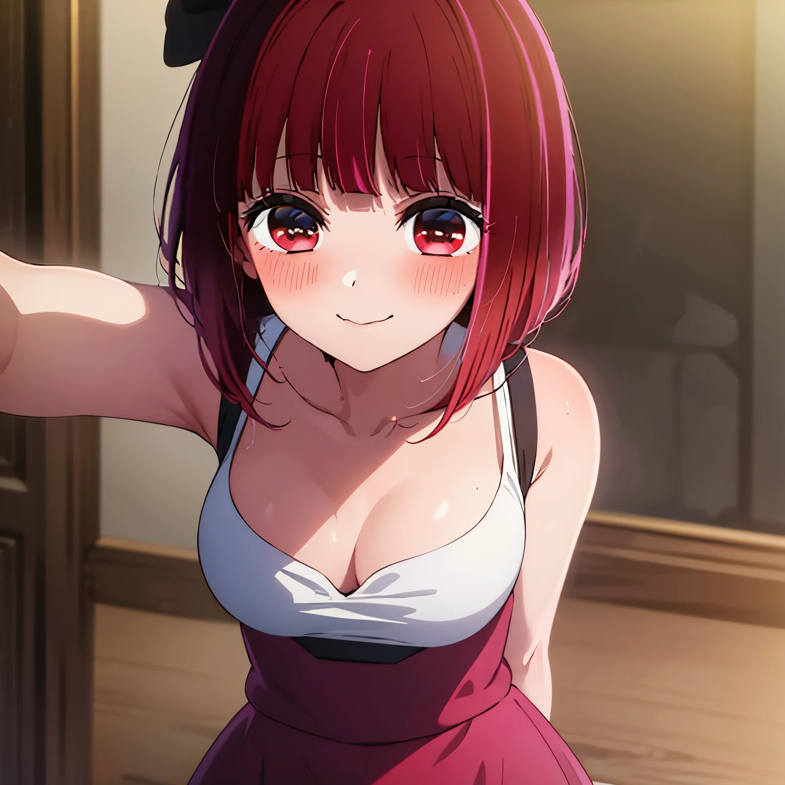 Masterpiece, Best quality, Hard drive, 4k, ultra-high resolution, Extreme detail, super detailed, Beautiful eyes, beautiful hair, Beautiful side, Beautiful skin, Arima Kana, redhead, short hair, red eyes, pupils glow red, big breasts, shiny leather, white shirt unbuttoned, bra drop strap, standing, arms in front, arms outstretched, Ahegao, blush, charming smile, eyes half closed, indoors, close-up, look at viewer