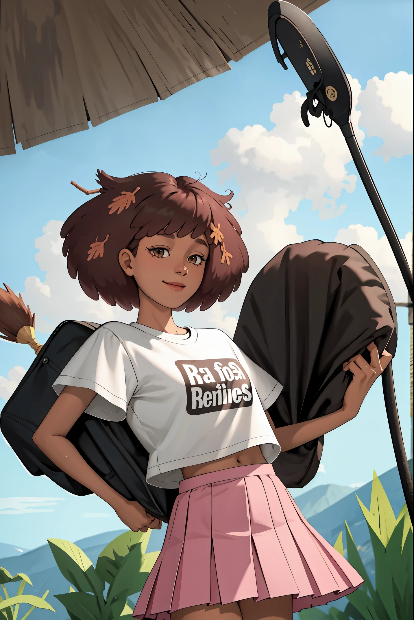 (masterpiece:1.2, best quality), (real picture, intricate details), 1lady, solo, upper body, casual, long fluffy hair, minimal makeup, natural fabrics, close-up face, smile, swamp, forest settings, Anne Boonchuy, Amphibia, girl, 14 years old, Thai-American teenage girl, light brown skin, messy auburn hair, short auburn hair, short fluffly hair, dark brown eyes, school uniform, school t-shirt, white t-shirt, pleated skirt, pink pleated skirt, pink school skirt, Thai girl, dark skin, tan skin, light brown skin colour, dark skin colour, dark tan, light brown skin, messy auburn hair, short auburn hair, short fluffly hair, pink skirt, PINK skirt