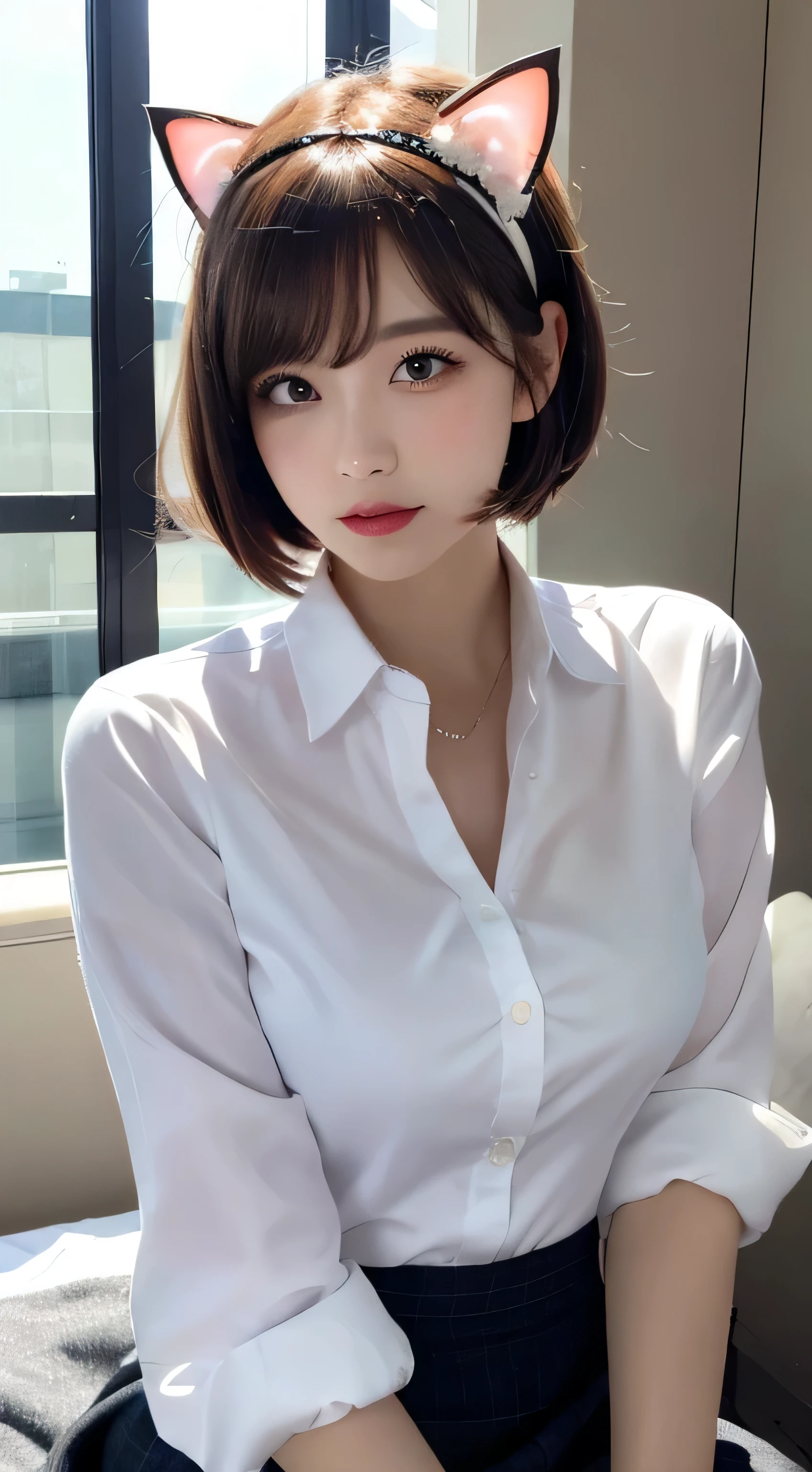 Girl sitting、Pink Cat Ear Headband、Do not wear skirts、woman wearing men's Clothes'L size shirt、White open collar shirt、realisticeyes、Beautiful lashes、hight resolutionの顔、wear a knee-length white shirt、zoomout、Women'your room background、20 talents、Knee-deep angle of view、Best Quality, Illustration, Ultra-detailed, finely detail, hight resolution, 8K Wallpaper, Beautiful detailed eyes, Trim your hairstyle, C cup breasts, Natural Color Lip