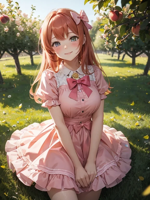 masterpiece, best quality, night, Apple Bloom, pink bow in hair, {{{orange eyereckles, large breasts, green blouse, apple orchard, playful, happy, mature woman