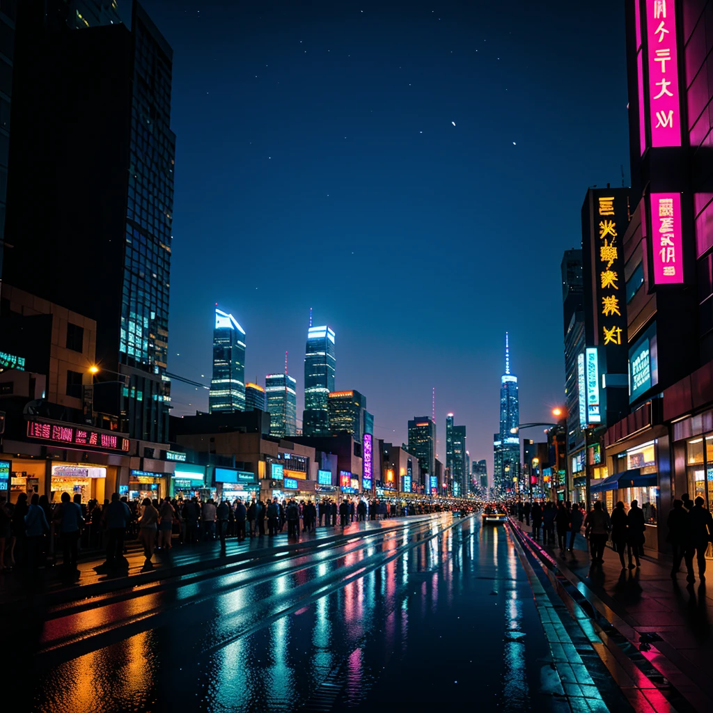 (best quality,highres,ultra-detailed),city night view,neon lights,glittering skyscrapers,reflective surfaces,shimmering streets,vibrant colors,atmospheric,late-night,metropolis,nightlife,urban landscape,dynamic energy,modern architecture,hustle and bustle,glowing signs,illuminated windows,street vendors,pedestrians,fast-moving traffic,lively atmosphere,nighttime serenity,serene moonlight,contrast between light and dark,shadowy alleyways,futuristic vibes,mysterious aura,dazzling reflections,limitless possibilities