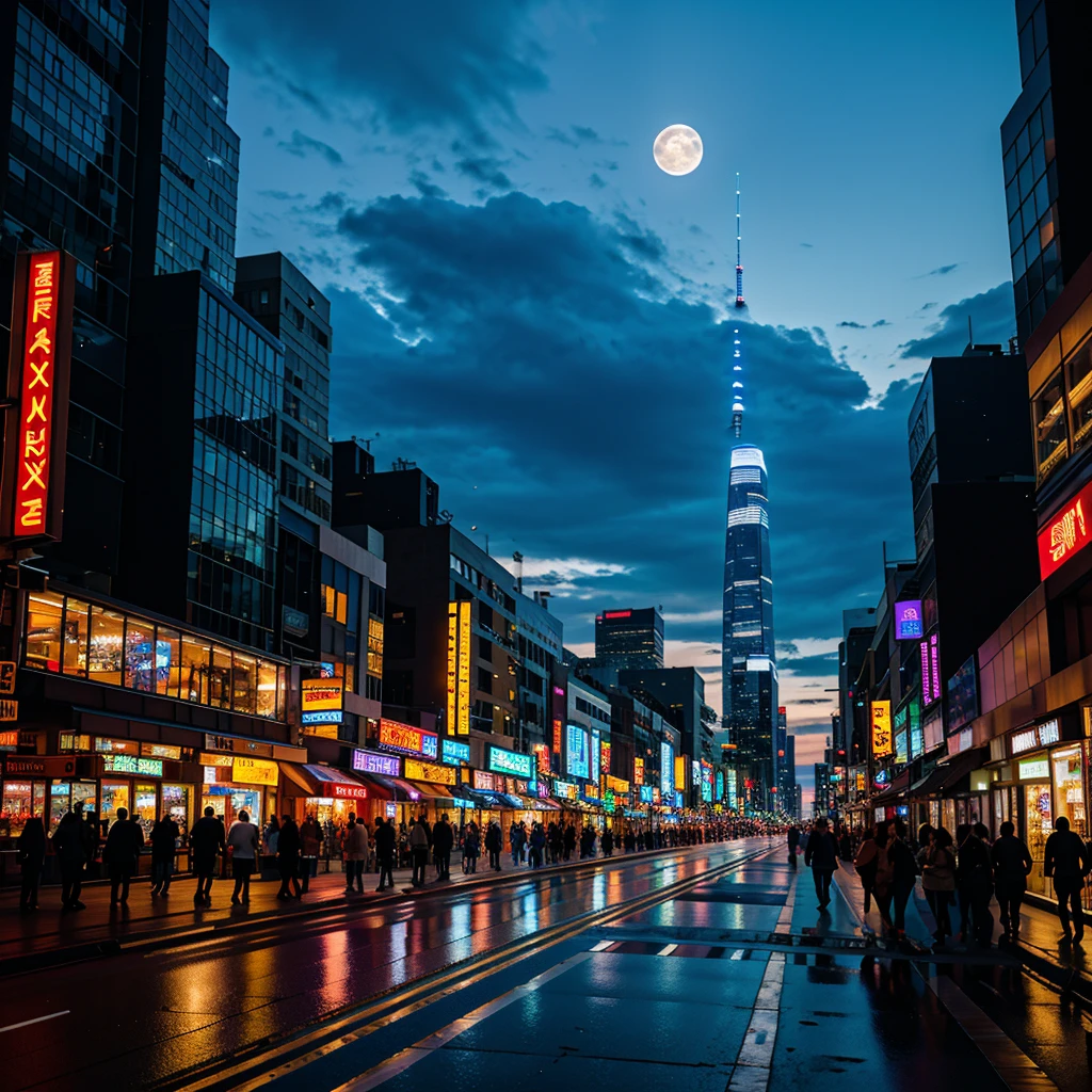 (best quality,highres,ultra-detailed),city night view,neon lights,glittering skyscrapers,reflective surfaces,shimmering streets,vibrant colors,atmospheric,late-night,metropolis,nightlife,urban landscape,dynamic energy,modern architecture,hustle and bustle,glowing signs,illuminated windows,street vendors,pedestrians,fast-moving traffic,lively atmosphere,nighttime serenity,serene moonlight,contrast between light and dark,shadowy alleyways,futuristic vibes,mysterious aura,dazzling reflections,limitless possibilities
