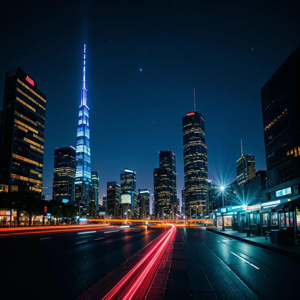 (best quality,highres,ultra-detailed),city night view,neon lights,glittering skyscrapers,reflective surfaces,shimmering streets,vibrant colors,atmospheric,late-night,metropolis,nightlife,urban landscape,dynamic energy,modern architecture,hustle and bustle,glowing signs,illuminated windows,street vendors,pedestrians,fast-moving traffic,lively atmosphere,nighttime serenity,serene moonlight,contrast between light and dark,shadowy alleyways,futuristic vibes,mysterious aura,dazzling reflections,limitless possibilities