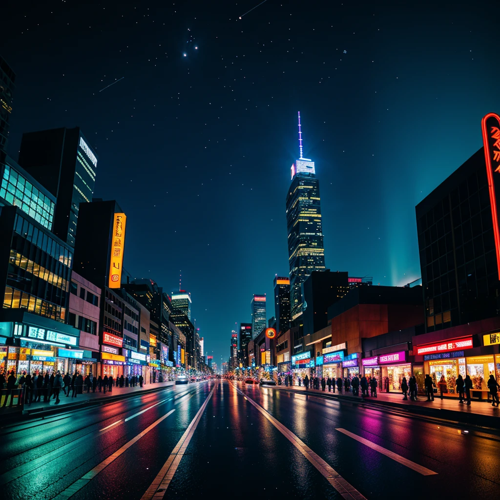 (best quality,highres,ultra-detailed),city night view,neon lights,glittering skyscrapers,reflective surfaces,shimmering streets,vibrant colors,atmospheric,late-night,metropolis,nightlife,urban landscape,dynamic energy,modern architecture,hustle and bustle,glowing signs,illuminated windows,street vendors,pedestrians,fast-moving traffic,lively atmosphere,nighttime serenity,serene moonlight,contrast between light and dark,shadowy alleyways,futuristic vibes,mysterious aura,dazzling reflections,limitless possibilities