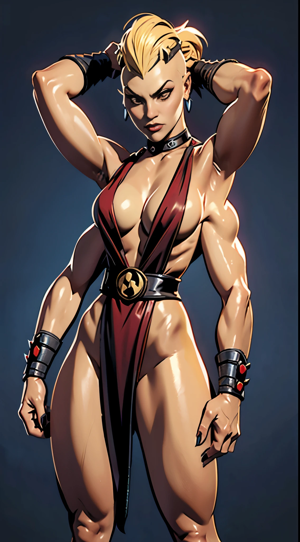 actress ((Gwendoline Christie)) as Sheeva from Mortal Kombat, ((4arm):1.4), ((extra arms)), sharp claws, (blond hair), wearing red clothing that consists of straps, belts, and other accessories, desert in a background, intricate, high detail, sharp focus, dramatic, photorealistic painting art by greg rutkowski