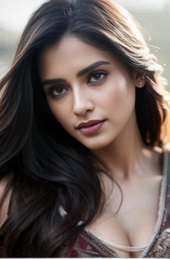 Portrait of A confident-looking Indian woman with a bun of long and thick hair tied behind and covered with flowers, hazel eyes, dirty and wet seethrough clothes, a smile on the face, a lusty look, lying on muddy road in a village, d-cup breast, perfect composition, hyperrealistic, super detailed, 8k, high quality, trending art, trending on artstation, sharp focus, studio photo, intricate details, highly detailed, art by Greg Rutkowski