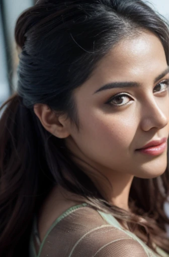 Portrait of A confident-looking Indian woman with a bun of long and thick hair tied behind and covered with flowers, hazel eyes, dirty and wet seethrough clothes, a smile on the face, a lusty look, lying on muddy road in a village, d-cup breast, perfect composition, hyperrealistic, super detailed, 8k, high quality, trending art, trending on artstation, sharp focus, studio photo, intricate details, highly detailed, art by Greg Rutkowski