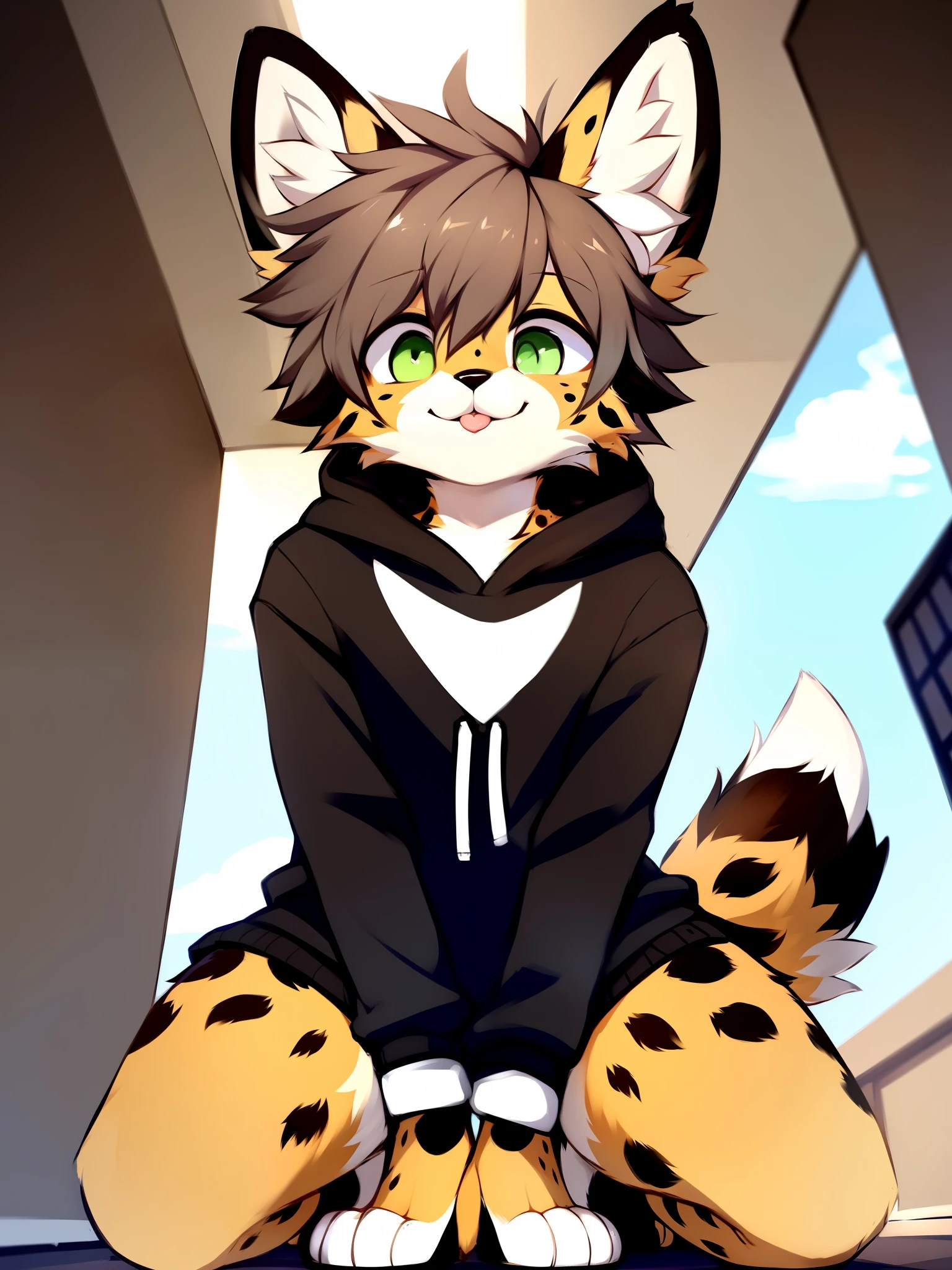 by zackary911, (coffeesoda:1.1), hioshiru, zackary911, serval, anthro, femboy, solo, tight black hoodie clothing, fur, looking up perspective, perspective from tiny, (he is looking down at the tiny), curvy thighs, huge thighs, blep,leaning over, crouched down, low angle, paws, gray shaggy hair, stepping on viewer, green eyes, one tail, paw fetish