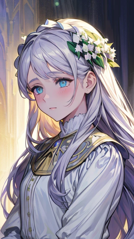 (1girl, s face, upper-body, white medieval dress with flowers, Silver long hair:1.2), Masterpiece, impressionism, very thick picture, pale colors bouquet, twilight sky, Light Purple, light blue and light green, pale colors, oil painting, (Claude Monet, Joaquín Sorolla:1.3), (James Wilson Morris, John Fabian Carlson, Hugh Henry Breckenridge:1.1), dinamic lighting, dramatic lighting, detailed eyes and s face and skin, Sharp pupils, Realistic pupils