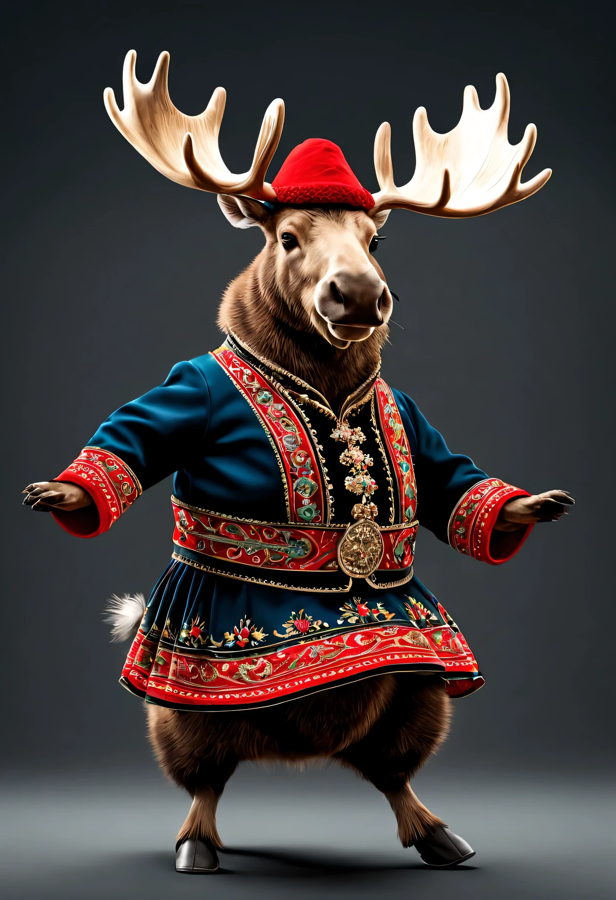 photorealistic portrait of Dressed animals - a fat baby moose cossack dancer,(cossack dancing dynamic action pose), high quality,(lovely) ,intricate details, highly detailed ((cossack dance costume)) ,highly detailed decorations,, (happy), studio lighting,(full body image:1.5)