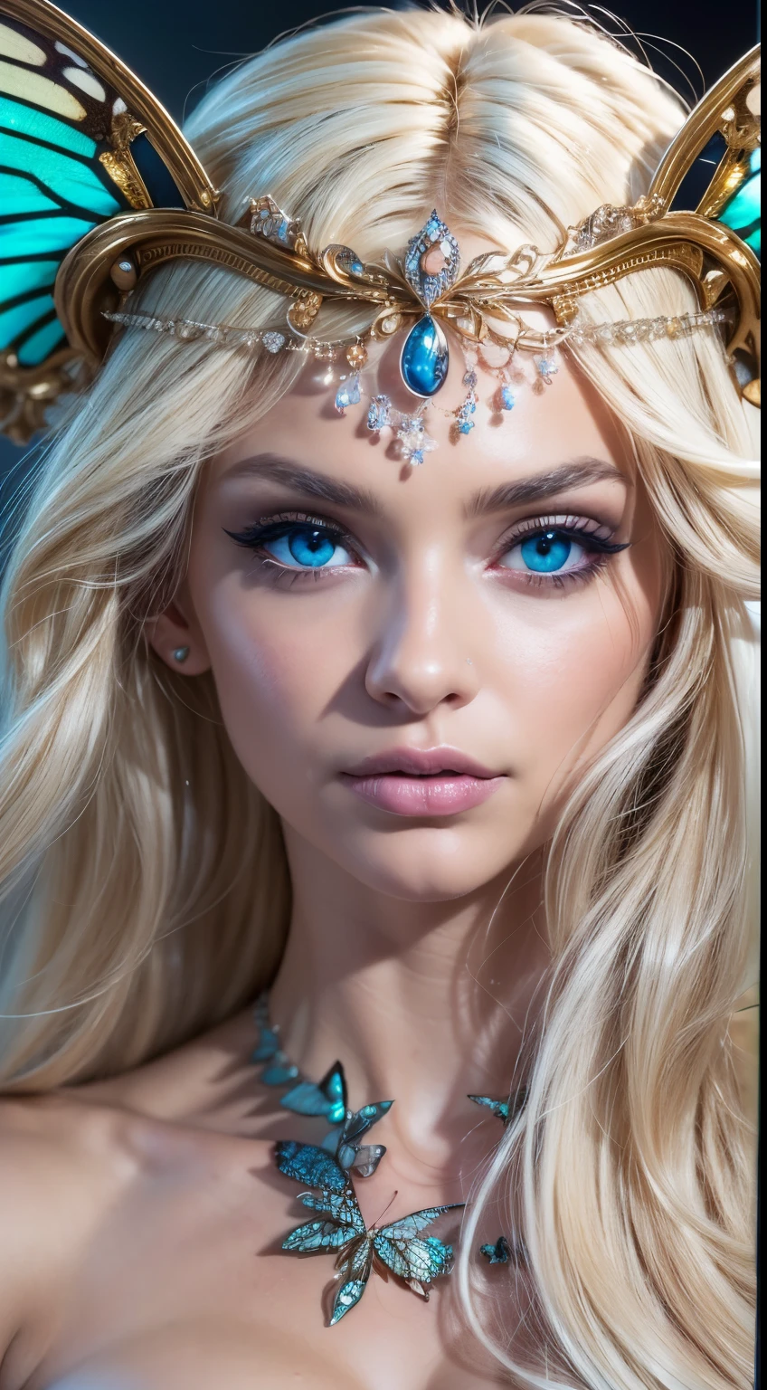 Beautiful, Amazing face and eyes, makeup, (extremely detailed beautiful face), Blonde, (sexiest look), (Beautiful breasts:1.3), (Best Quality:1.4), (Ultra-detailed), (extremely detailed CG unified 8k wallpaper), Highly detailed, RAW Photos, Professional Photography, (silk see through lace:1.3), full body, sitting, (Spread your legs), (:1.4), plein air, Illumination, (Super fancy photos:1.4), (Dazzling light), Radiant Photography, depth of fields, (Glowing blue eyes), (realistic elf ear), (castle, fantasy setting), ((orbs)), massive butterfly wings,