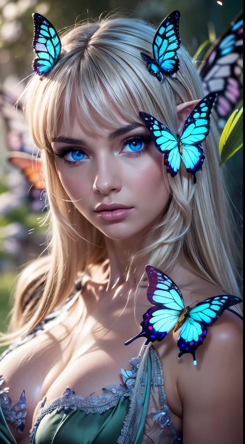 Beautiful, Amazing face and eyes, makeup, (extremely detailed beautiful face), Blonde, (sexiest look), (Beautiful breasts:1.3), (Best Quality:1.4), (Ultra-detailed), (extremely detailed CG unified 8k wallpaper), Highly detailed, RAW Photos, Professional Photography, (silk see through lace:1.3), full body, sitting, (Spread your legs), (:1.4), plein air, Illumination, (Super fancy photos:1.4), (Dazzling light), Radiant Photography, depth of fields, (Glowing blue eyes), (realistic elf ear), (castle, fantasy setting), ((orbs)), massive butterfly wings,