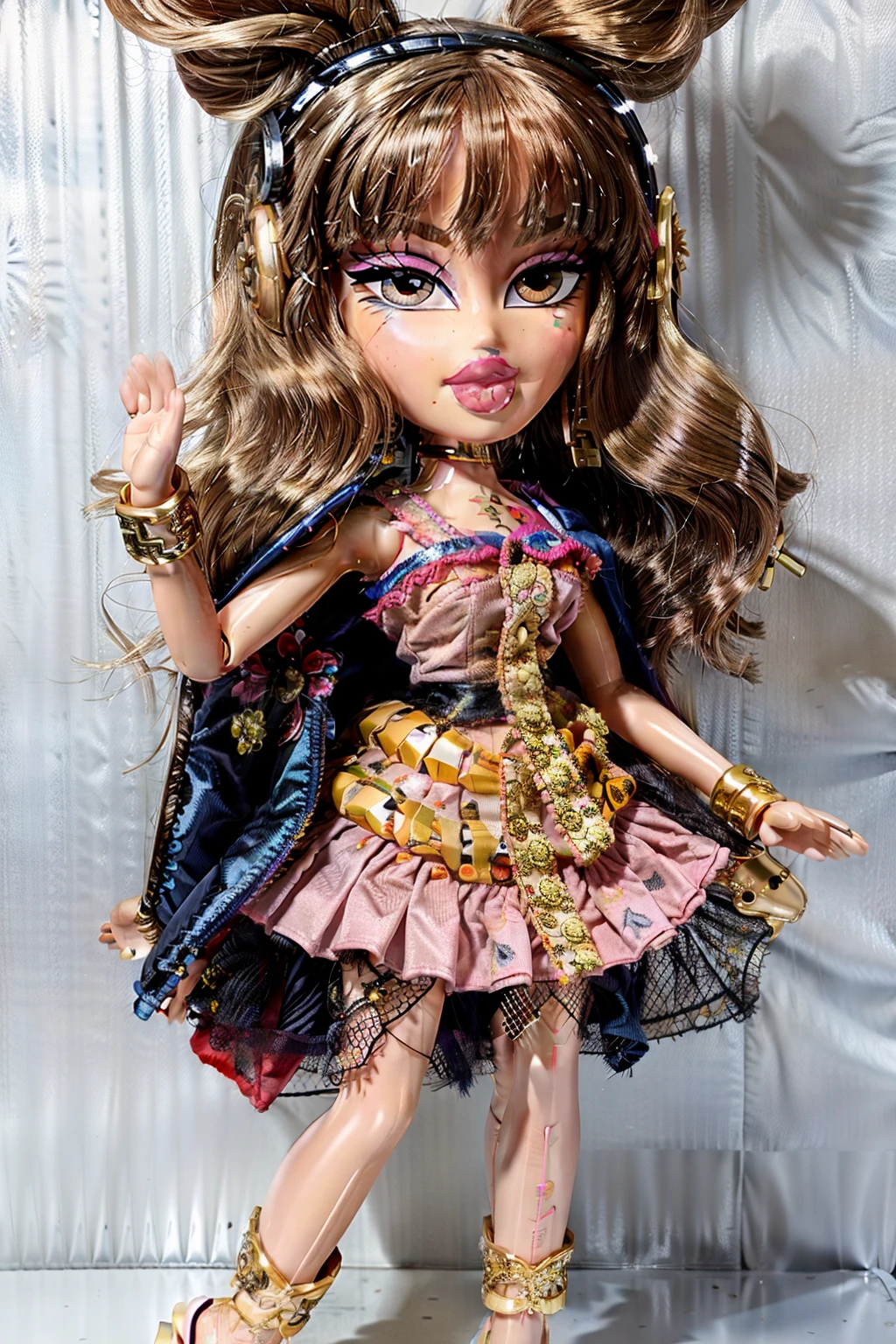 Bratz girl with detailed eyes and big lips and blonde pointy hair, wearing versace colorful flowers dress, full body , plastic skin , doll joints , ,(masterpiece, top quality, best quality, beautiful and aesthetic:1.2), toyosatomimi no miko, doll, revealing clothes, big head, 1girl, solo, breasts, curvy, wide hips, narrow waist, joints, doll joints, cleavage, bursting breasts, huge breasts, lips,  1girl,pointy hair,earmuffs, cape,brown hair, short hair,brown eyes,bracelet, sleeveless, ribbon,skirt, midriff, full body, high heels, thighhighs, long legs,
