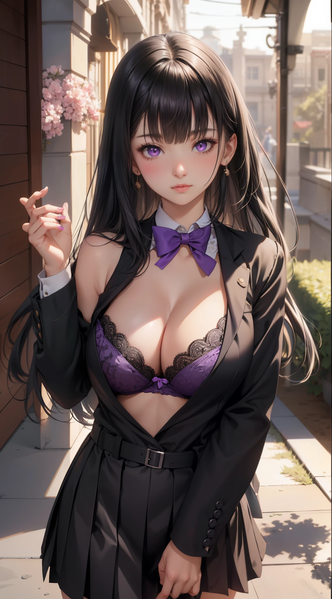 (Best Quality:1.1), (masutepiece:1.2), High quality shadows, Beautiful detailed, Beautiful face, Detailed eyes, depth of fields, hight resolution, Best Shadow, Best Illumination, 1girll, view the viewer, Black hair, Blunt bangs, Long hair, Purple eyes, Shy, Large breasts, Blouse, Blazer, pump, OL 、cleavage、(Her shirt opens and I can see her purple bra.:1.9)、nsfw、とてもShyい