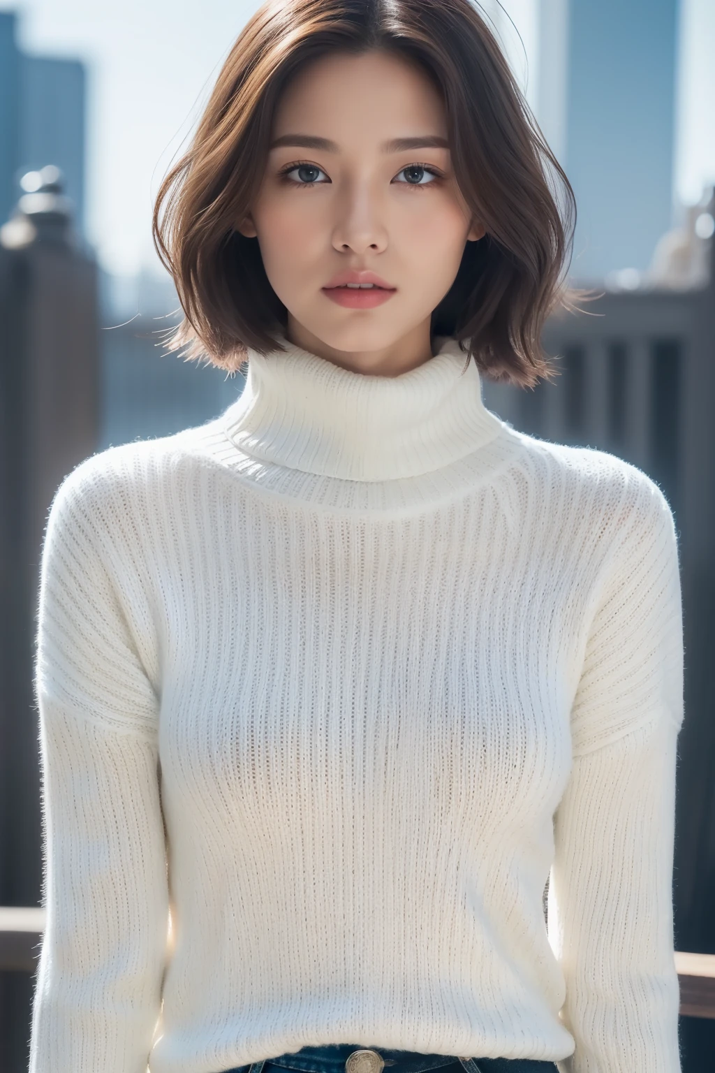 ((top-quality、8K、masterpiece:1.3))、foco nítido:1.2、Beautiful woman with perfect body shape:1.4、Slim abs:1.2、(Layered Hair Style:1.2))、(White High Neck Sweater:1.3)、natural and realistic perspective、wearing a thick coat,Highly detailed facial and skin texture、A detailed eye、二重まぶた,Cold look