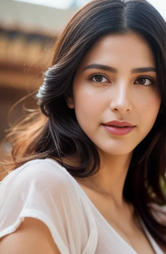 Portrait of A confident-looking Indian woman with a bun of long and thick hair tied behind and covered with flowers, hazel eyes, dirty and wet seethrough clothes, a smile on the face, a lusty look, lying on muddy road in a village, d-cup breast, perfect composition, hyperrealistic, super detailed, 8k, high quality, trending art, trending on artstation, sharp focus, studio photo, intricate details, highly detailed, art by Greg Rutkowski