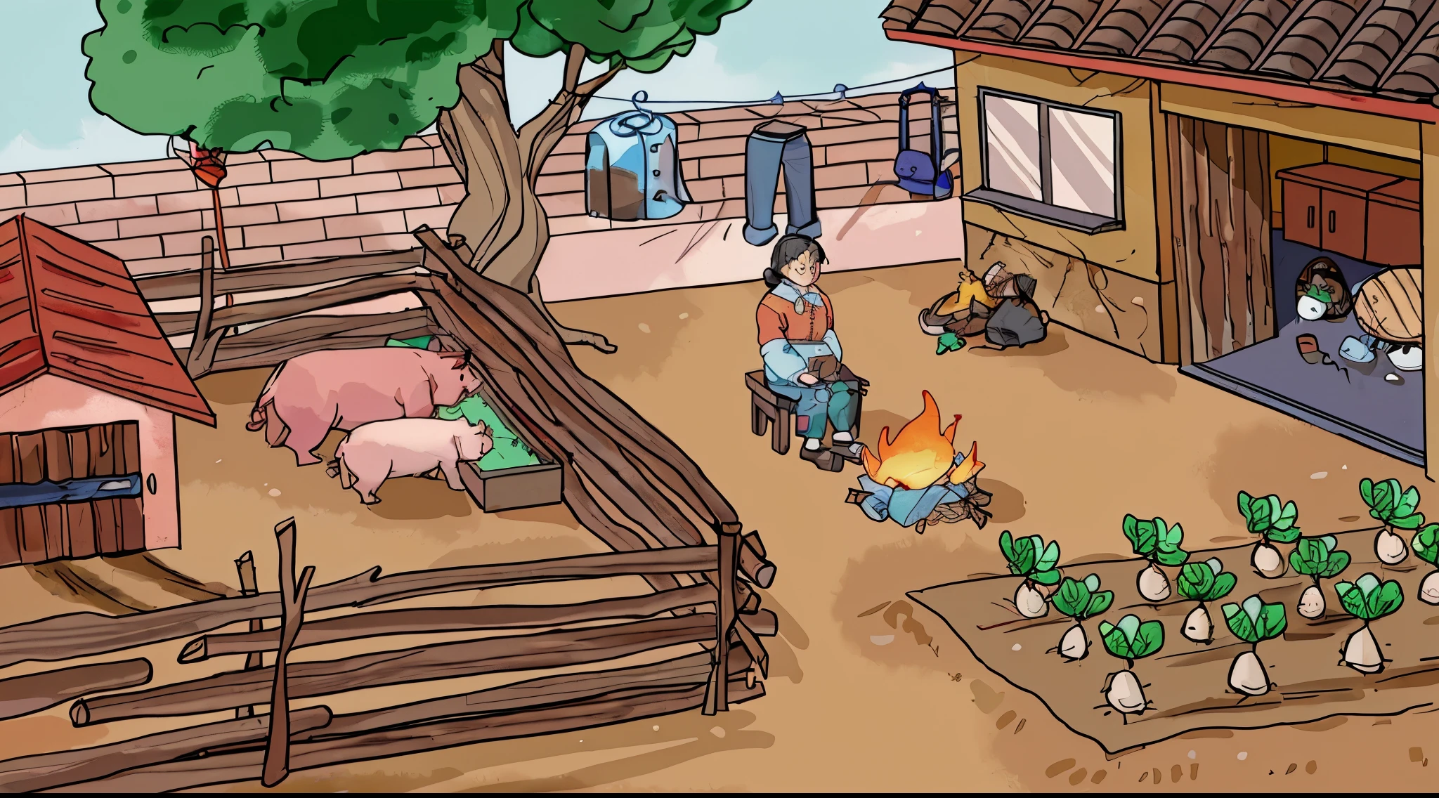 pig in barn,There is fire and chicken, There is a farm outside, Game illustration, detailed 2d illustration, background is a slum, arte de fundo, full-colour illustration, concept art for a video game, scenery game concept art, rpg scene, on a farm, farm background, random background scene, arte de fundowork, 2d game environment design