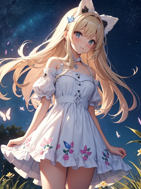 ​masterpiece、Background with（（Fantastic starry sky、kosmolack hole））、heavy wind、Standing in the distance、Butterflies in a white mini dress with a slit々Embroidery、Blonde Long、Butterflies with hair in a bun々Pin in、a beauty girl、butterflys々emits light blue light