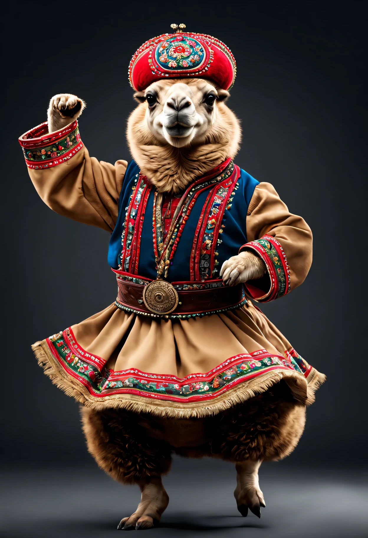 photorealistic portrait of Dressed animals - a fat camel cossack dancer,(cossack dancing dynamic action pose), high quality,(lovely) ,intricate details, highly detailed ((cossack dance costume)) ,highly detailed decorations,, (happy), studio lighting,(full body image:1.5)