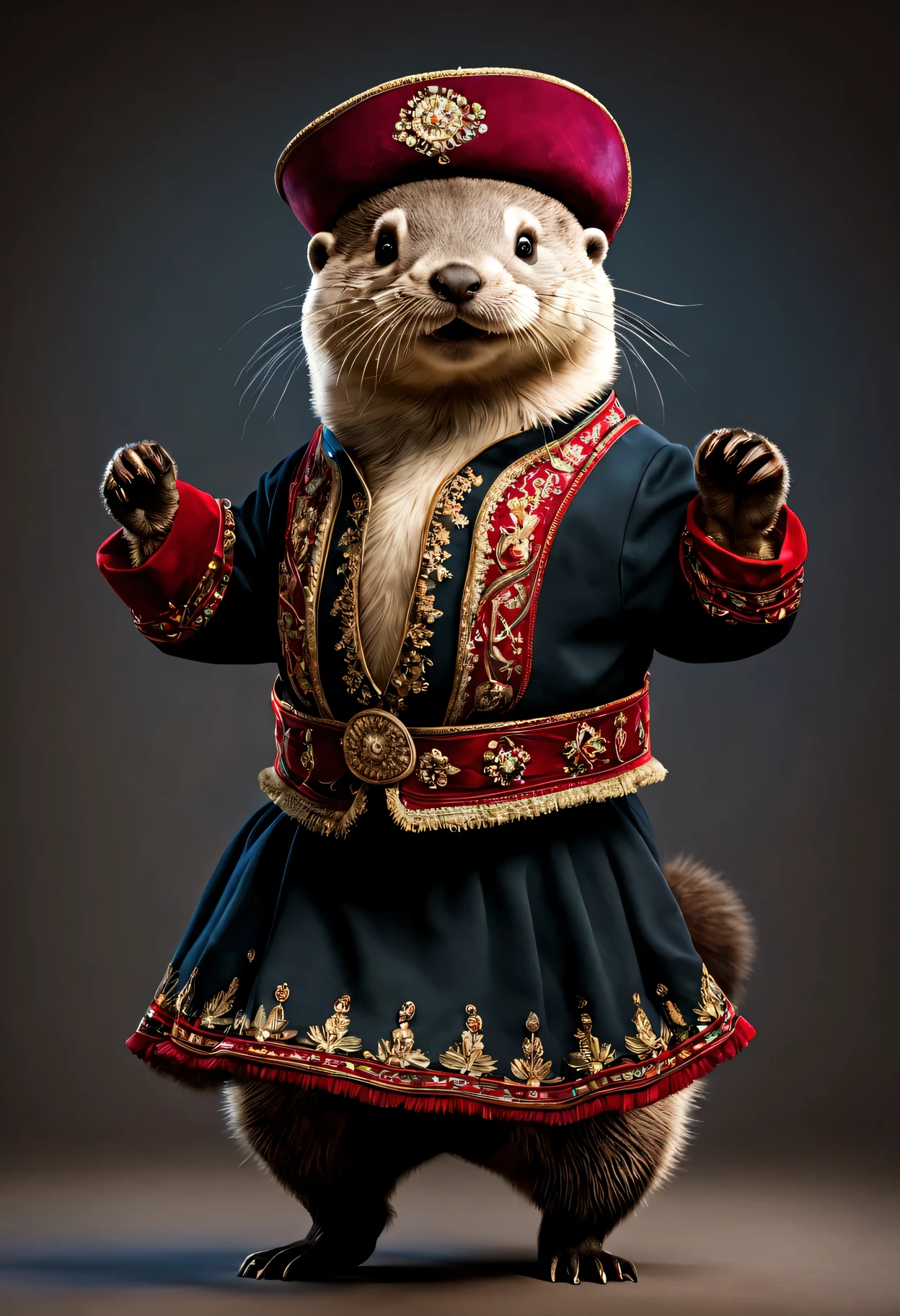 photorealistic portrait of Dressed animals - a fat baby otter cossack dancer,(cossack dancing dynamic action pose),  high quality,(lovely) ,intricate details, highly detailed ((cossack dance costume)) ,highly detailed decorations,, (happy), studio lighting,(full body image:1.5)