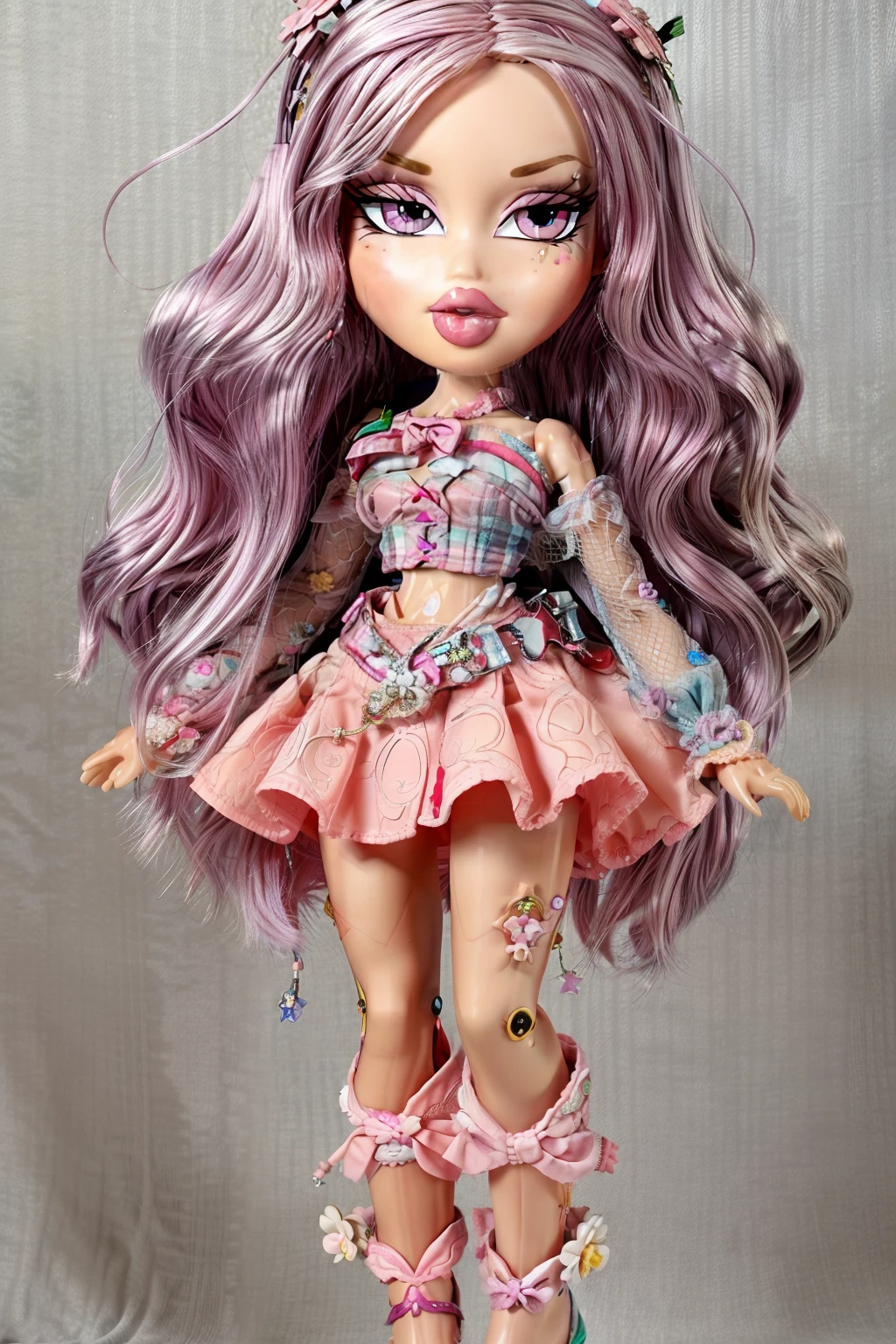 Bratz girl with detailed eyes and big lips and grey hair, wearing versace colorful flowers dress, full body , plastic skin , doll joints , ,(masterpiece, top quality, best quality, beautiful and aesthetic:1.2), hata no kokoro, doll, revealing clothes, big head, 1girl, solo, breasts, curvy, wide hips, narrow waist, joints, doll joints, cleavage, bursting breasts, huge breasts, lips, 1girl,long hair,pink hair,pink eyes,bow,long sleeves,plaid shirt,bubble skirt, midriff, full body, high heels, thighhighs, long legs,