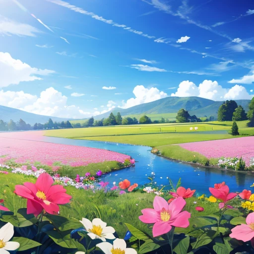 girl,happy,blue yellow pink white,flower,sky,water,grass
