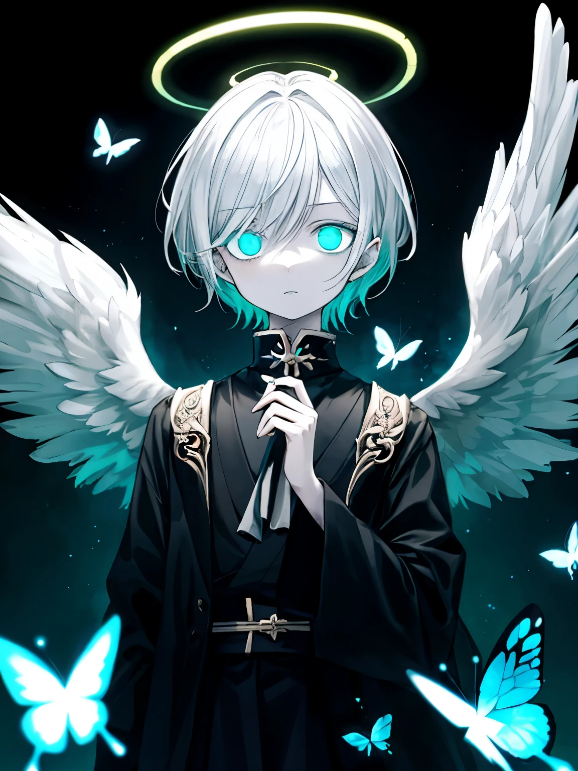 Best Quality、masutepiece、Ultra-detailed、face perfect、Extremely detailed、Extremely delicate、1 boy, (Scary), Angel, Gorgeolanche'The halo), Dark, Glowing eyes, Light green eyes, Angel wings, holy, , blancheのチュニック, 2対のblanche angel wings, which are full of confidence, close your mouth slightly、Expressive eyes, collofull eyes, Contrasty, shadowy, masutepiece, Digital Art, Glowing eyes, Intimidating, corrupted, Demonic, Abstract background, blanche, black and teal、両手にblancheく輝く星を浮かばせる、fear、A light blue butterfly dances