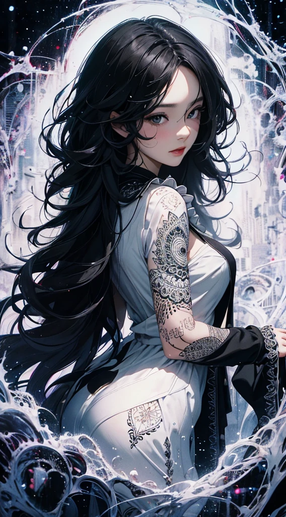 ((8k wallpaper of extremely detailed CG unit, masterpiece, hight resolution, top-quality, top-qualityのリアルテクスチャスキン)), ((woman with very beautiful skin, Seductive and ecstatic look, Plump lips, The upper part of the body, Hands in pockets:1.5, black ruffle hem shirt dress:1.2)), (messy black hair, de pele branca, charming sharp eyes, Small), ((white backgrounid, Zentangle, a Mandala, Tangles, Entanglement, psychedelic)), hyper realisitic, digitial painting, concept-art